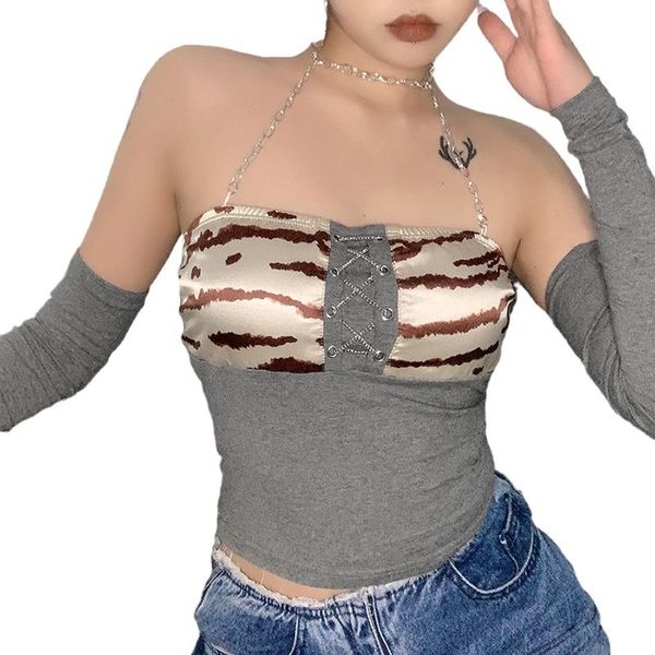 women's t-shirt fashion casual streetwear contrast color straps chain halter sleeveless metal patchwork tube vest, White
women's t-shirt fashion casual streetwear contrast color straps chain halter sleeveless metal patchwork tube vest, White