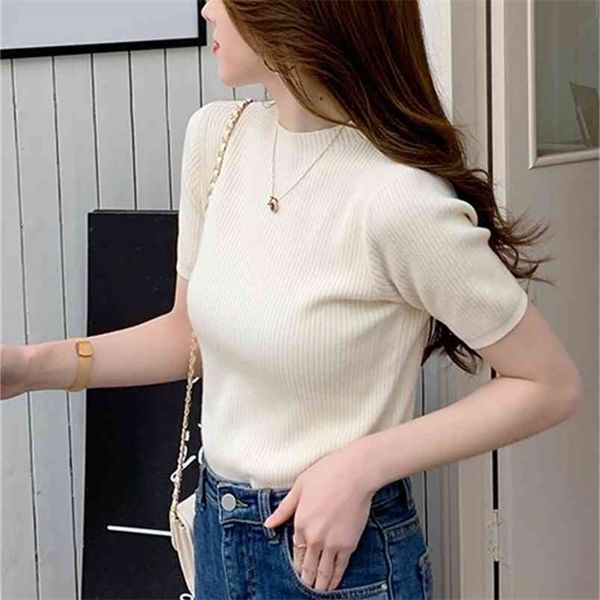 korean simple round neck pullover sweater women short-sleeved summer slim temperament all-match fit 210507, White;black
korean simple round neck pullover sweater women short-sleeved summer slim temperament all-match fit 210507, White;black