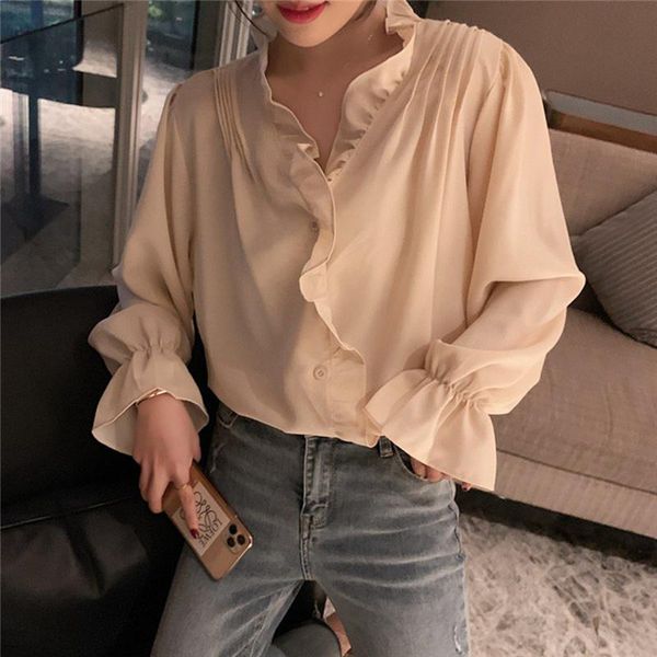 women's blouses & shirts mazefeng 2021 women spring summer blouse fashionable single breasted female ruffles casual pagoda sleeve wild, White
women's blouses & shirts mazefeng 2021 women spring summer blouse fashionable single breasted female ruffles casual pagoda sleeve wild, White
