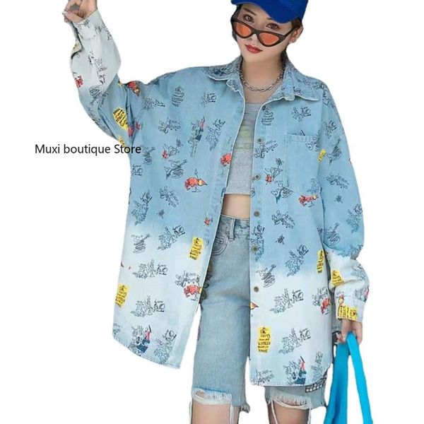 women's jackets muxi women winter jeans jacket sky blue letter printed washed loose denim for street, Black;brown
women's jackets muxi women winter jeans jacket sky blue letter printed washed loose denim for street, Black;brown