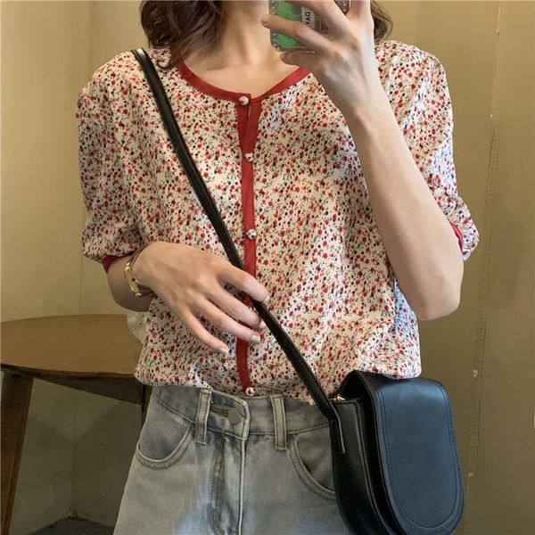 women's blouses & shirts summer retro wild round neck female red bordered floral short-sleeved shirt loose puff sleeve single-breasted, White
women's blouses & shirts summer retro wild round neck female red bordered floral short-sleeved shirt loose puff sleeve single-breasted, White