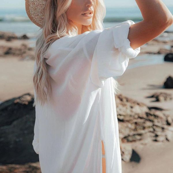 women's swimwear women ice silk wrinkled long-sleeved shirt beach holiday wind sunscreen blouse 2021 v-neck three quarter sleeve, White;black
women's swimwear women ice silk wrinkled long-sleeved shirt beach holiday wind sunscreen blouse 2021 v-neck three quarter sleeve, White;black