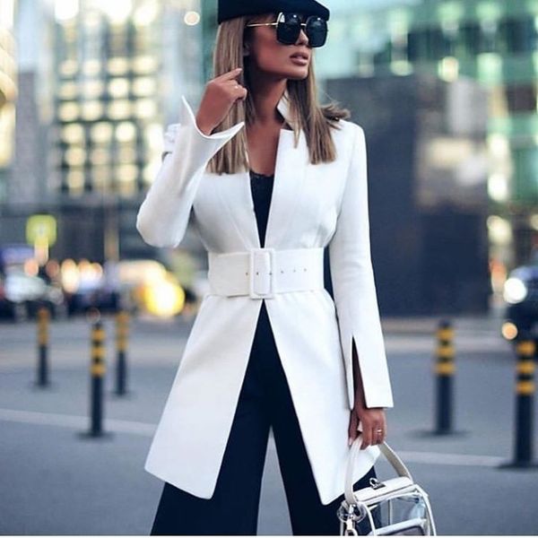 

autumn simple and handsome blazers stand-up collar women casual loose oversized sashes blazer dress jacket long sleeve, White;black