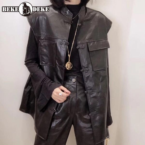 women's vests vintage women loose fit sheepskin real leather vest punk stand collar sleeveless genuine jacket casual waistcoat, Black;white 
women's vests vintage women loose fit sheepskin real leather vest punk stand collar sleeveless genuine jacket casual waistcoat, Black;white