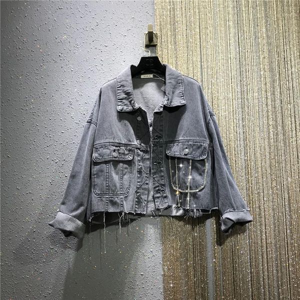 women's jackets 2021 autumn korean style loose denim jacket cropped heavy industry diamond set lapel burr jeans coat femme, Black;brown
women's jackets 2021 autumn korean style loose denim jacket cropped heavy industry diamond set lapel burr jeans coat femme, Black;brown