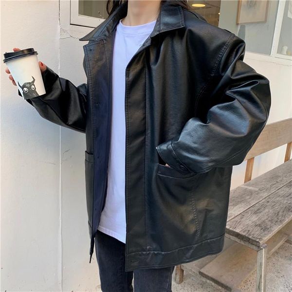 women's leather & faux autumn jacket motorcycle coat woman casual, Black