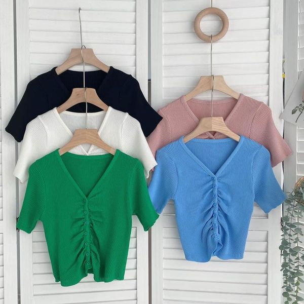 women's knits & tees singrein women korean knitted cardigan short sleeve v neck ruched single breasted slim summer streetwear blouse, White
women's knits & tees singrein women korean knitted cardigan short sleeve v neck ruched single breasted slim summer streetwear blouse, White