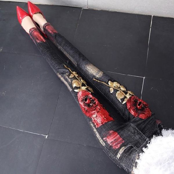 spring autumn women korean red rose sequins cowboy bronzing black denim trousers stretch jeans pants students pencil women's, Blue
spring autumn women korean red rose sequins cowboy bronzing black denim trousers stretch jeans pants students pencil women's, Blue