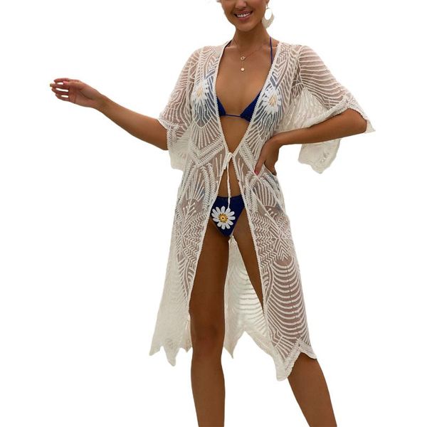 women's swimwear 2021 women beachwear floral v-neck half sleeve hollow out coat bikini cover ups summer lace up long covers, White;black
women's swimwear 2021 women beachwear floral v-neck half sleeve hollow out coat bikini cover ups summer lace up long covers, White;black