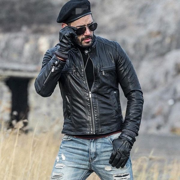 men's leather & faux motorcycle brand sheepskin coat short fashion thin real, Black
men's leather & faux motorcycle brand sheepskin coat short fashion thin real, Black