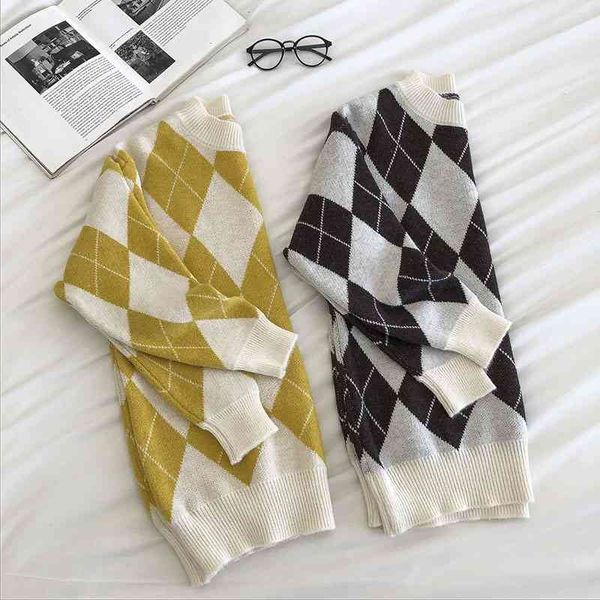 fashion women argyle harajuku sweater korean autumn winter long sleeve loose brown vintage pullover women's knitted sweaters 210602, White;black
fashion women argyle harajuku sweater korean autumn winter long sleeve loose brown vintage pullover women's knitted sweaters 210602, White;black