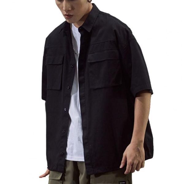 men's casual shirts drop men shirt short sleeve pockets solid color loose buttons for school, White;black
men's casual shirts drop men shirt short sleeve pockets solid color loose buttons for school, White;black