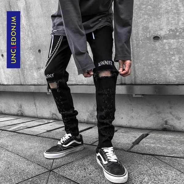 men's jeans knee holes scraping black fashion hip hop stretch slim fit pants ripped destroy, Blue
men's jeans knee holes scraping black fashion hip hop stretch slim fit pants ripped destroy, Blue