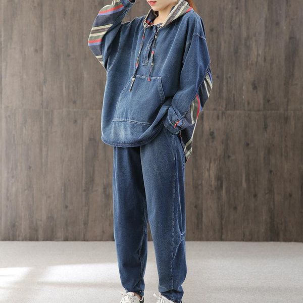 women's two piece pants fairynatural spring fall korean fashion women loose pieces suits ladies denim retro sets patchwork streetwear, White
women's two piece pants fairynatural spring fall korean fashion women loose pieces suits ladies denim retro sets patchwork streetwear, White