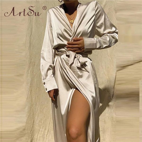 silk satin maxi dress women autumn long sleeve deep v neck high split bandage wrap fashion party dresses casual, Black;gray
silk satin maxi dress women autumn long sleeve deep v neck high split bandage wrap fashion party dresses casual, Black;gray