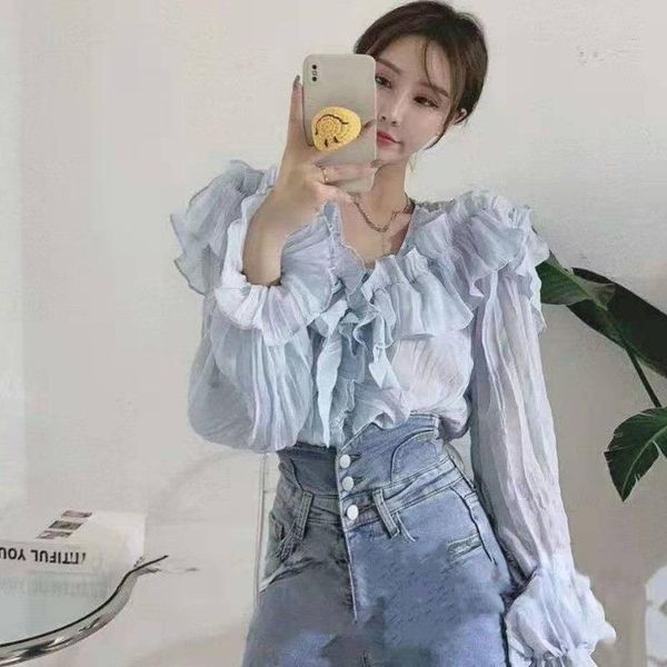 women's blouses & shirts spring summer woman v-neck chiffon ruffled fairy sweet flowers pleated long trumpet sleeve crop blusas 2021, White
women's blouses & shirts spring summer woman v-neck chiffon ruffled fairy sweet flowers pleated long trumpet sleeve crop blusas 2021, White