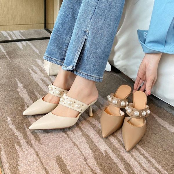 spring genuine leather women heel mules pearl rivet pointed toe slippers dress shoes, Black
spring genuine leather women heel mules pearl rivet pointed toe slippers dress shoes, Black