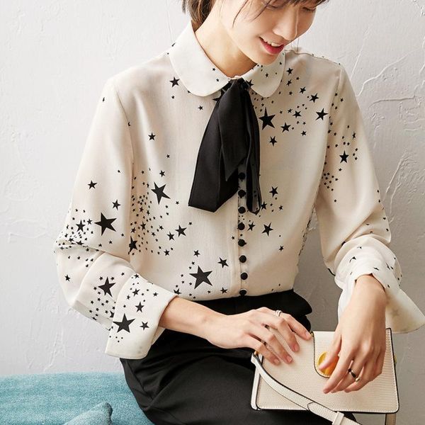 women's blouses & shirts silk pentagon stars printed blouse female spring long shirt with bow, White
women's blouses & shirts silk pentagon stars printed blouse female spring long shirt with bow, White
