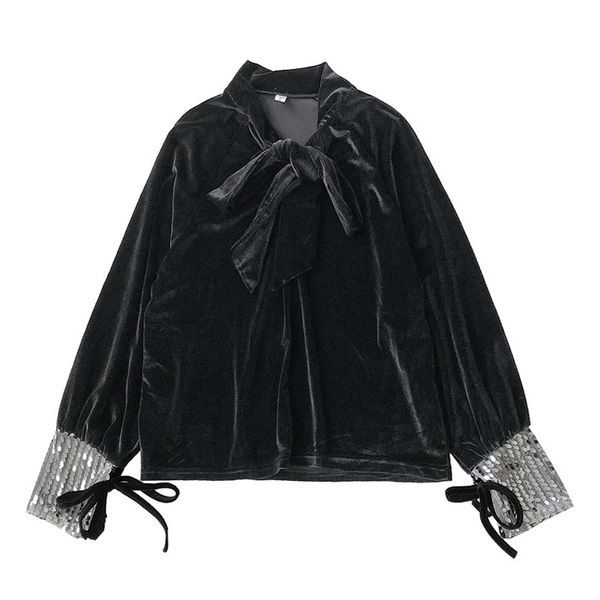 women solid runway violet black velvet sequined stand collar lace up bow long sleeve shirt blouse b0452 210514, White
women solid runway violet black velvet sequined stand collar lace up bow long sleeve shirt blouse b0452 210514, White