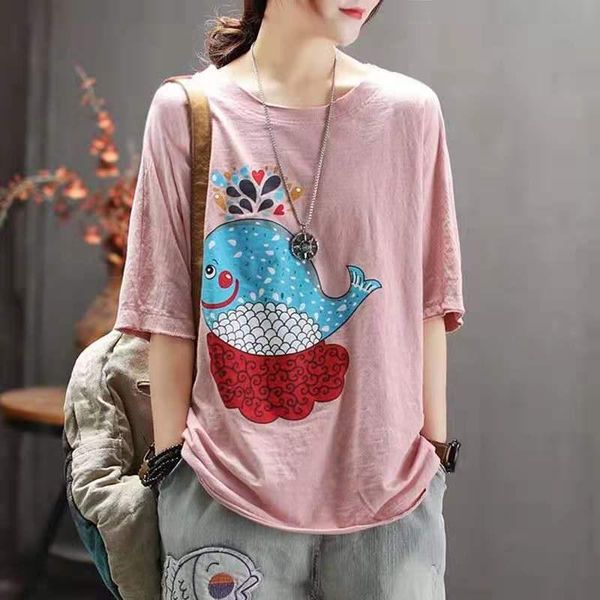 women's t-shirt retro cotton short sleeve t shirt women summer big fish print loose korean casual round neck ladies graphic tee y2k, White
women's t-shirt retro cotton short sleeve t shirt women summer big fish print loose korean casual round neck ladies graphic tee y2k, White
