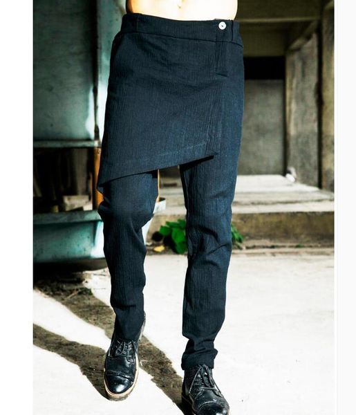 m-3xl spring autumn men punk faux two piece elastic slim trousers personality tide culottes hairstylist skirt harem pants men's, Black