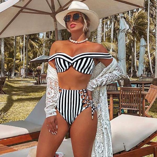 women's swimwear striped swimsuit high waist bikini set off shoulder women lace up bathing suit two-piece push bathers dzmx, White;black
women's swimwear striped swimsuit high waist bikini set off shoulder women lace up bathing suit two-piece push bathers dzmx, White;black