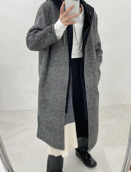 women's wool & blends 2021 fall winter luxury design cashmere minimal casual street style loose grey houndstooth hooded coat, Black
women's wool & blends 2021 fall winter luxury design cashmere minimal casual street style loose grey houndstooth hooded coat, Black
