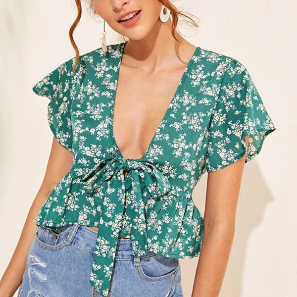 women's blouses & shirts 2021 women summer floral short sleeve low-cut ladies casual blouse beach holiday ruffles v neck crop, White
women's blouses & shirts 2021 women summer floral short sleeve low-cut ladies casual blouse beach holiday ruffles v neck crop, White