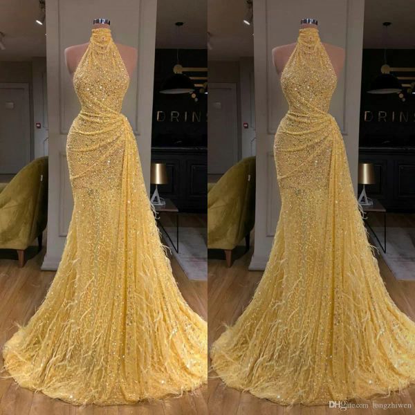 2022 yellow prom dresses high neck gold sparkly sequins feather custom made floor length sleeveless graduation party ball gown evening forma, Black
2022 yellow prom dresses high neck gold sparkly sequins feather custom made floor length sleeveless graduation party ball gown evening forma, Black