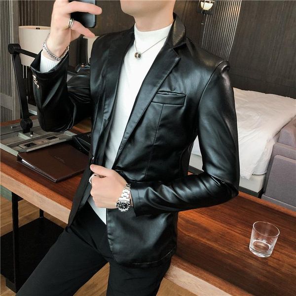 men's suits & blazers faux leather blazer suit jacket men korean casual slim fit coat fashion business streetwear jackets club dj stage, White;black
men's suits & blazers faux leather blazer suit jacket men korean casual slim fit coat fashion business streetwear jackets club dj stage, White;black