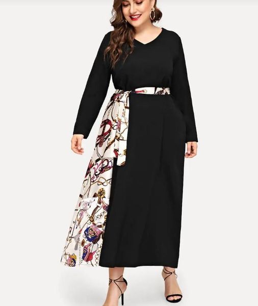 casual dresses spring summer office lady long dress patchwork with belt maxi printed muslim women islamic clothing 03, Black;gray 
casual dresses spring summer office lady long dress patchwork with belt maxi printed muslim women islamic clothing 03, Black;gray