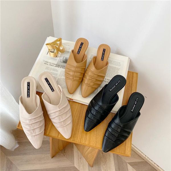 pleated stripe pointed toe slippers women solid soft pu leather slides ladies outdoor vintage round heels mules pantuflas mujer, Black
pleated stripe pointed toe slippers women solid soft pu leather slides ladies outdoor vintage round heels mules pantuflas mujer, Black