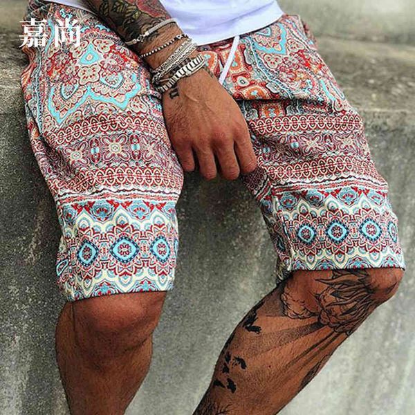 men's pants 2021 summer fashion printing lace up shorts, Black