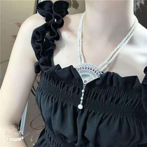 chains hand knotted 2rows 6-7mm white freshwater pearl micro inlay zircon fan accessories necklace long 45-48cm, Silver
chains hand knotted 2rows 6-7mm white freshwater pearl micro inlay zircon fan accessories necklace long 45-48cm, Silver
