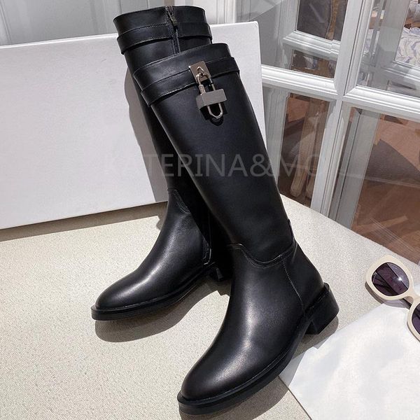 boots brand thick sole fashion metal lock design genuine leather pointed knight woman motorcycle long for, Black
boots brand thick sole fashion metal lock design genuine leather pointed knight woman motorcycle long for, Black