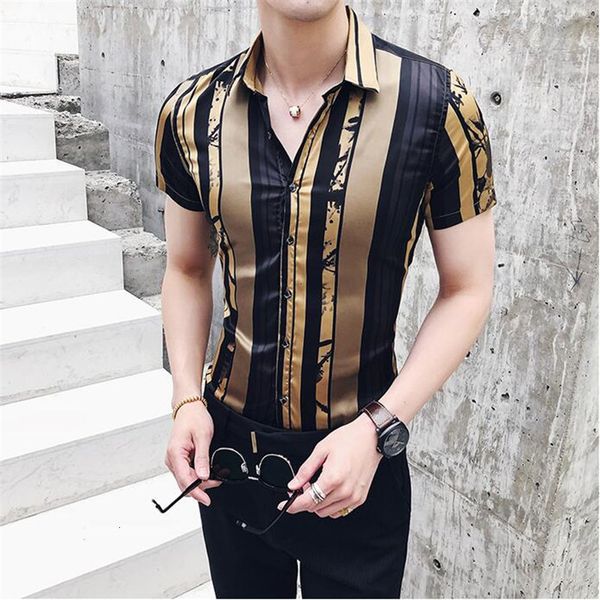 2021 new summer designer party prom slim short sleeve luxury black brand fashion gold striped men shirt aaf5, White;black
2021 new summer designer party prom slim short sleeve luxury black brand fashion gold striped men shirt aaf5, White;black