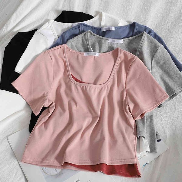 stitching contrast color fake two irregular short t-shirt summer korean wild square neck short-sleeved students 210420, White
stitching contrast color fake two irregular short t-shirt summer korean wild square neck short-sleeved students 210420, White