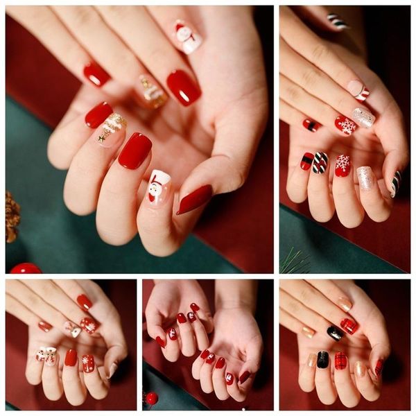 false nails 24pca short christmas fake nail tips press on designs full cover glitter artifical art, Red;gold
false nails 24pca short christmas fake nail tips press on designs full cover glitter artifical art, Red;gold