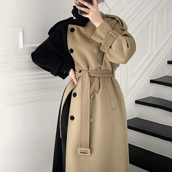 women's wool & blends 2021 women winter patchwork long cashmere coat jacket waistbelt double breasted slim waist a-line woolen overcoat, Black
women's wool & blends 2021 women winter patchwork long cashmere coat jacket waistbelt double breasted slim waist a-line woolen overcoat, Black