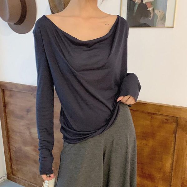 women's t-shirt autumn women casual solid color loose versatile full-sleeved lazy style slash-neck design sense top, White
women's t-shirt autumn women casual solid color loose versatile full-sleeved lazy style slash-neck design sense top, White