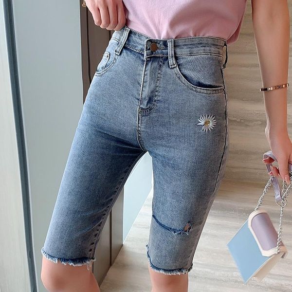 women's jeans denim shorts women flower embroidered summer high waist thin elastic package hip bottom five points, Blue
women's jeans denim shorts women flower embroidered summer high waist thin elastic package hip bottom five points, Blue