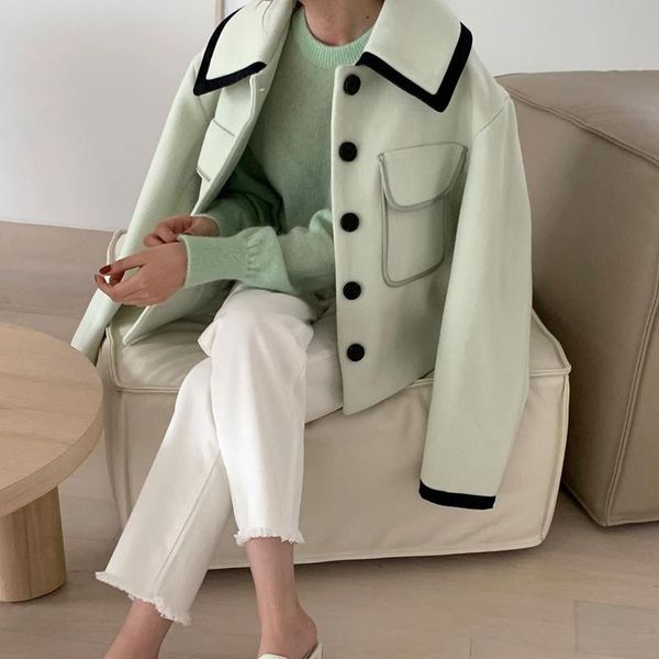 women's wool & blends solid color green short women coat 2021 autumn winter long sleeve single breasted woolen overcoat female, Black
women's wool & blends solid color green short women coat 2021 autumn winter long sleeve single breasted woolen overcoat female, Black