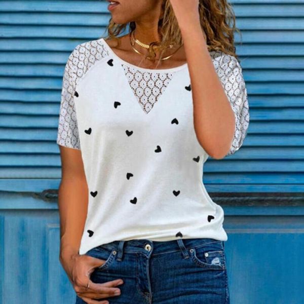 women's t-shirt fashion summer casual round neck tshirt lace hollow stitching short sleeve shirt heart print lady streewear, White
women's t-shirt fashion summer casual round neck tshirt lace hollow stitching short sleeve shirt heart print lady streewear, White