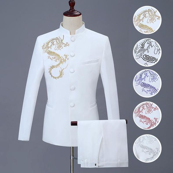 men's suits & blazers 2021 casual stand collar diamond sequined dragon suit / male chinese style solid color jacket pants 2 pcs set, White;black
men's suits & blazers 2021 casual stand collar diamond sequined dragon suit / male chinese style solid color jacket pants 2 pcs set, White;black