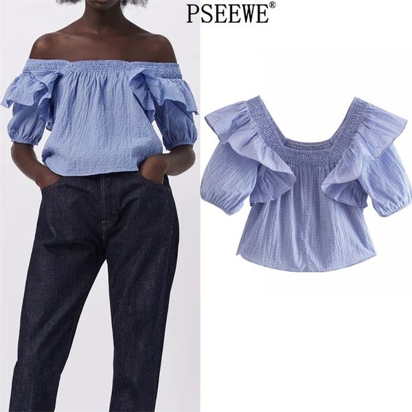 blouse woman blue striped ruffle off shoulder women elastic square neck short puff sleeve summer blouses 210519, White
blouse woman blue striped ruffle off shoulder women elastic square neck short puff sleeve summer blouses 210519, White