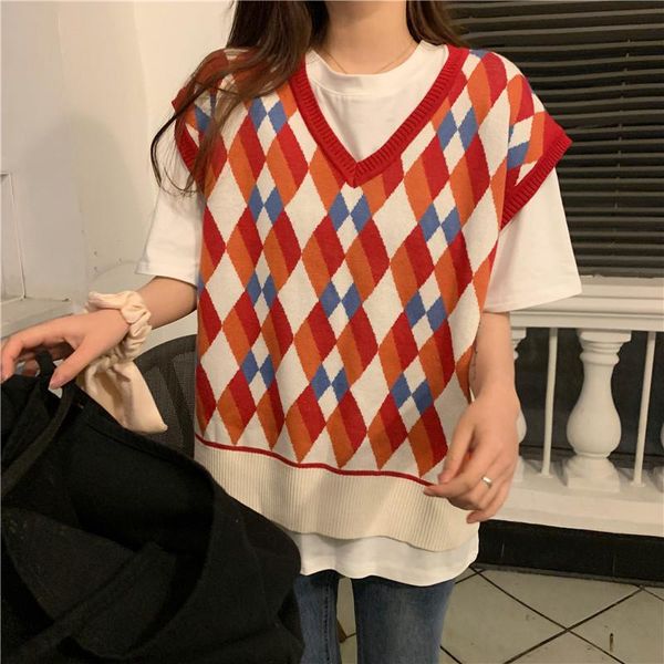 women's sweaters colorful argyle plaid print vests women fall casual loose v-neck straight knit sleeveless female streetwear pullovers, White;black
women's sweaters colorful argyle plaid print vests women fall casual loose v-neck straight knit sleeveless female streetwear pullovers, White;black