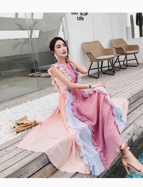 summer runway designer pleated long women's sleeveless luxury rainbow colorfull patchwork ruffles chiffon maxi dress, Black;gray
summer runway designer pleated long women's sleeveless luxury rainbow colorfull patchwork ruffles chiffon maxi dress, Black;gray