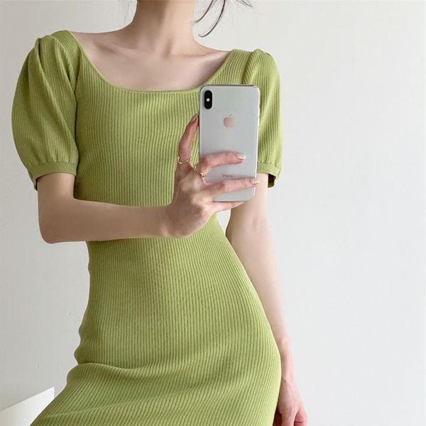 2021 summer new short sleeve slim ice silk u-neck bubble sleeve avocado green knitted dress, Black;gray
2021 summer new short sleeve slim ice silk u-neck bubble sleeve avocado green knitted dress, Black;gray