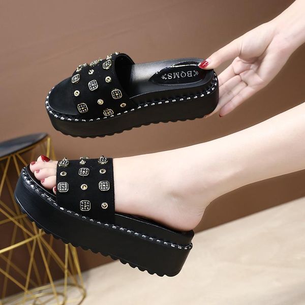 slippers women platform sandals ladies 2021 summer fashion metal crystal waterproof wedge shoes, Black