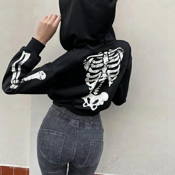 women's hoodies & sweatshirts combhasaki y2k women hooded sweater gothic style adults skeleton print long sleeve zip-up crop with pock, Black
women's hoodies & sweatshirts combhasaki y2k women hooded sweater gothic style adults skeleton print long sleeve zip-up crop with pock, Black